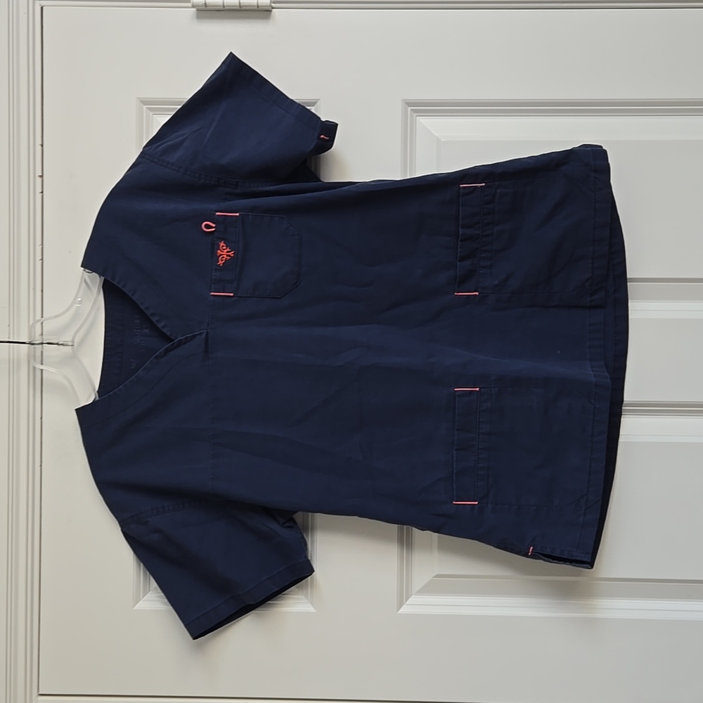 Med Couture Navy Blue Scrub Top with Red Accents